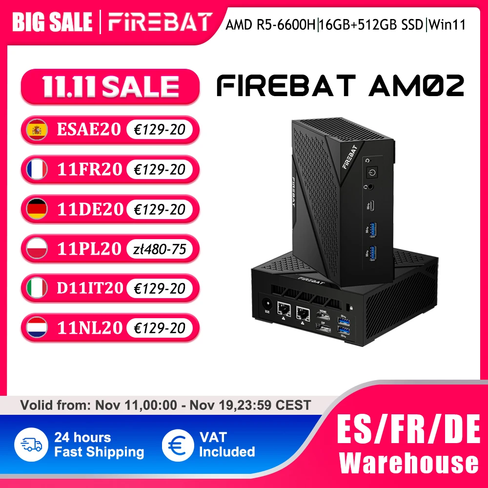 FIREBAT AM02 MINI PC AMD Ryzen 5 6600H DDR5 16GB RAM 512GB SSD WIFI6 BT5.2 portatile Desktop MINI PC Computer porta di rete HDMI