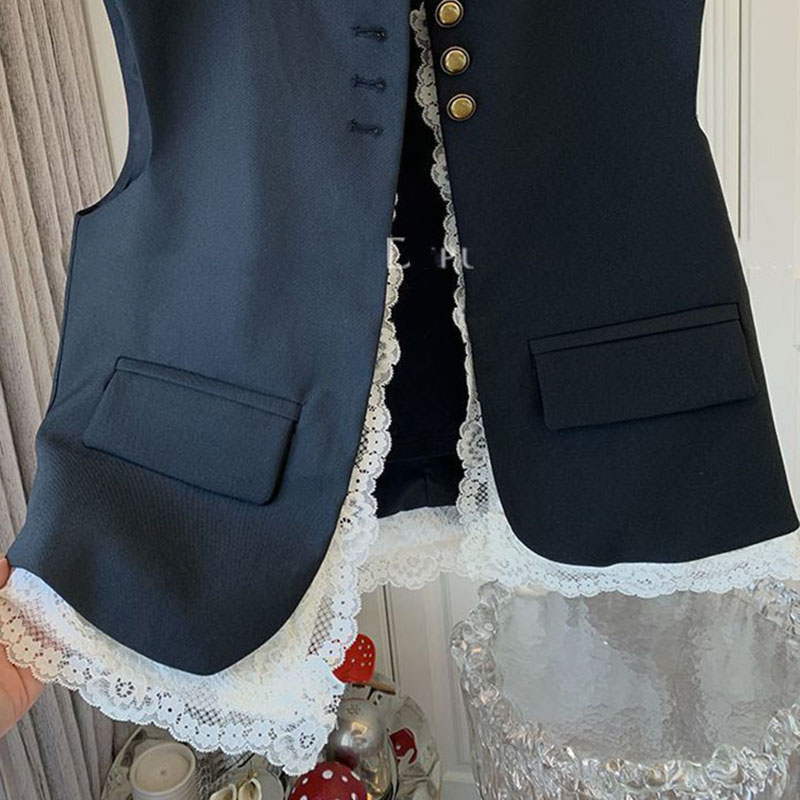Koronkowa patchworkowa kamizelka damska koreańska O Neck Casual kurtki bez rękawów 2024 damska luźna kamizelka Vintage eleganckie topy odzież damska