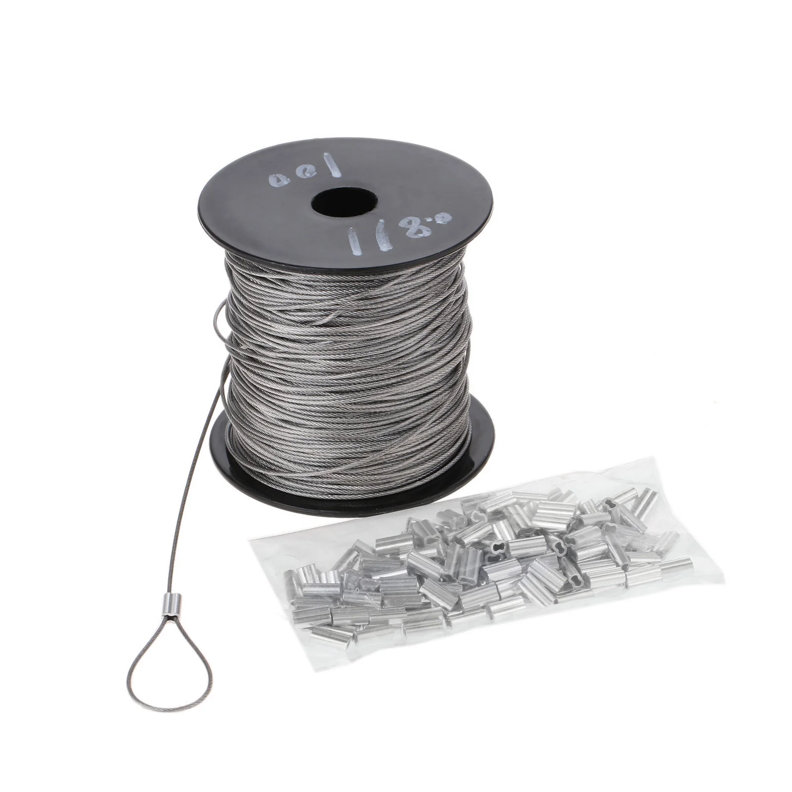 Cuerda de alambre de acero inoxidable de 100m + manga de bucle de prensado de 150 piezas, Cable recubierto multifuncional de 7x7 de 1mm de diámetro, 328 pies de alta resistencia