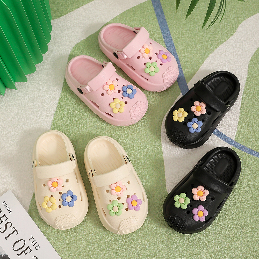 Zapatilla con agujeros para niños de verano, sandalias de flores a la moda para niñas, zapatos de playa para niños, zapatilla de casa de fondo suave para niños pequeños