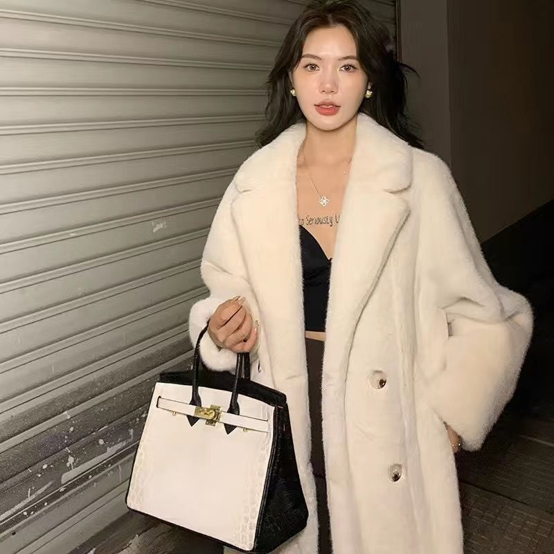 女性用の長くて厚い毛皮のコート,模造ミンクの髪,ゆったりとした暖かいカーディガン,冬,新しい,1ピース,2024