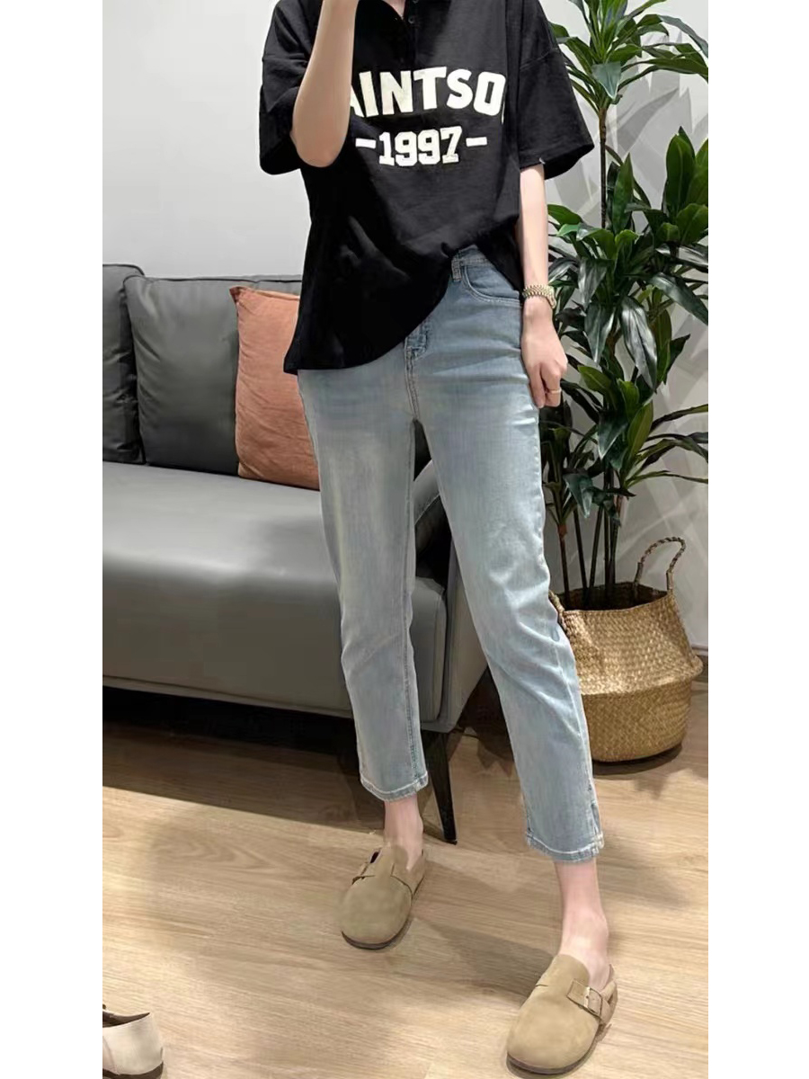 High Waist Slimming Straight Leg Jeans Women's Elastic Slit Casual Cotton Stretch Denim Spring Autumn plus Size Faion
