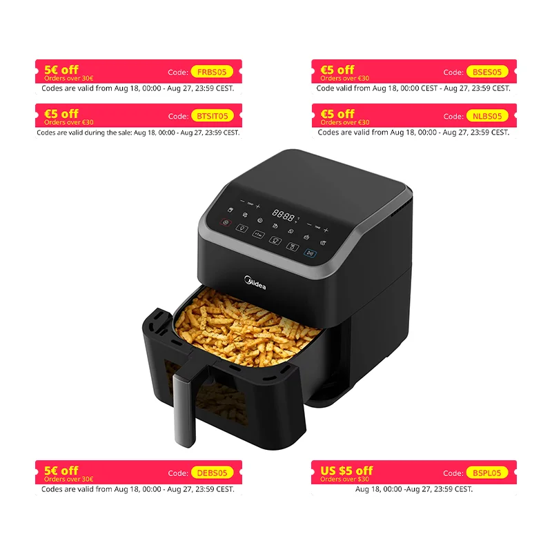 Friggitrice ad aria calda Midea, capacità 5 litri, tecnologia HeatXpress, 90% meno olio, risparmio energetico e tempo con 7 preimpostazioni, MAD55F8APK