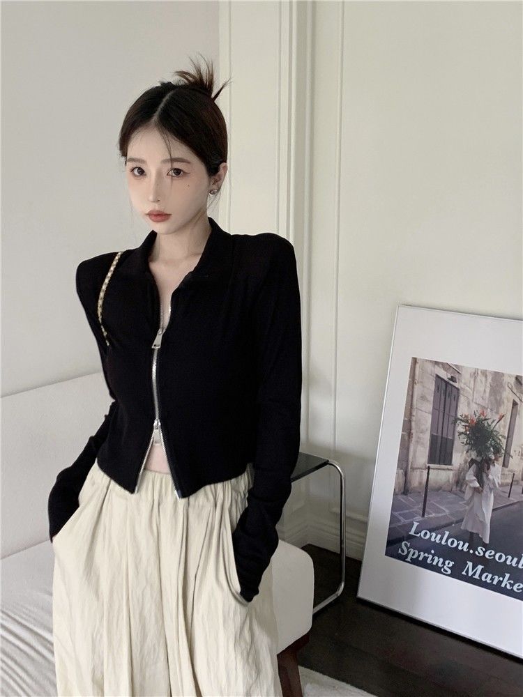 Cardigan de Malha Preto para Mulheres, Casaco de Manga Curta para Primavera e Outono, Csa Base com Zíper Longo, Top Sexy c...