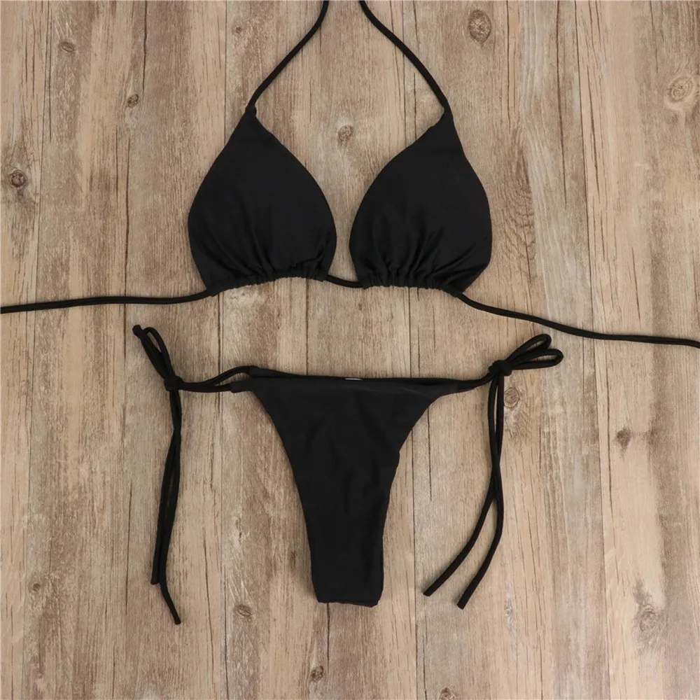 Été Sexy string Bikini ensemble côté licou cravate maillot de bain dames sangle fendue réglable pansement Style maillots de bain femmes Bikini ensemble