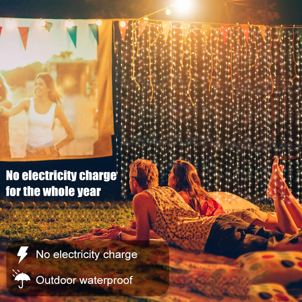 Luces de cortina solares LED, luces de hadas impermeables para exteriores con 8 modos para dormitorio, ventana, Patio, boda, vacaciones, decorativas