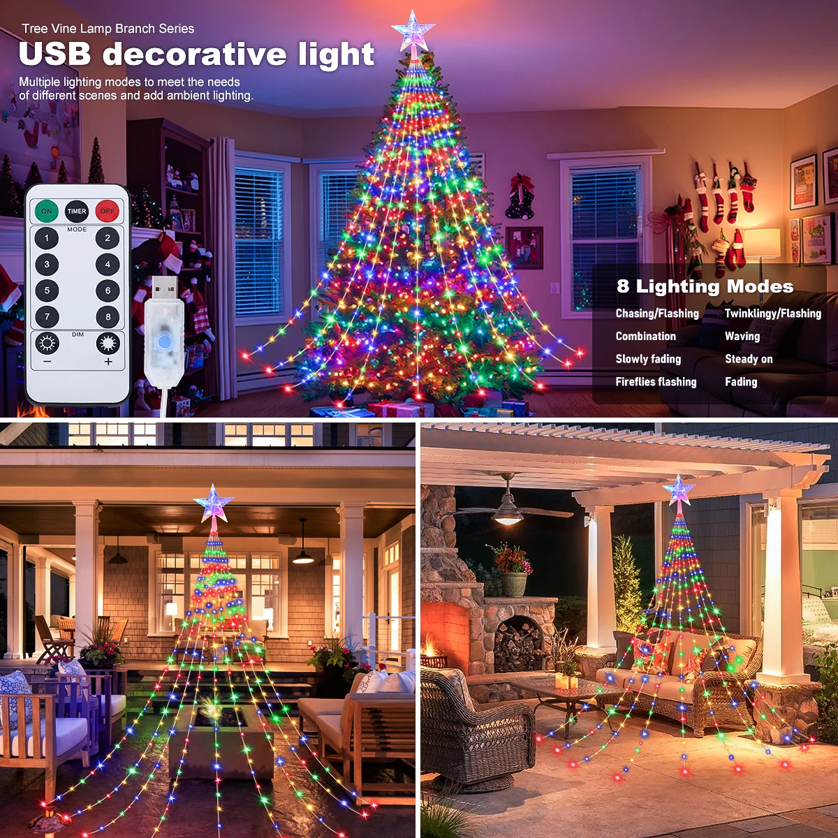 LED 야외 크리스마스 트리 장식 조명 USB 2/3M 방수 요정 스트링 라이트 8가지 모드 실내 마당 웨딩 파티 조명