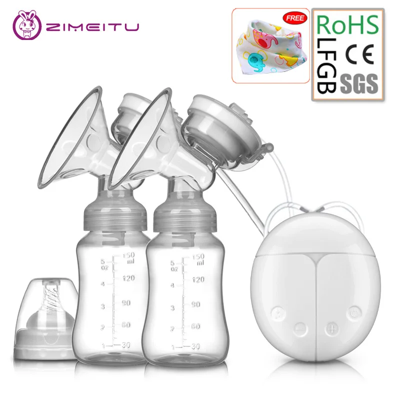 ZIMEITU Doppelte elektrische Milchpumpen, leistungsstarke Nippelaufsaugung, elektrische USB-Milchpumpe mit Babymilchflasche, kaltes Wärmekissen, Nippl