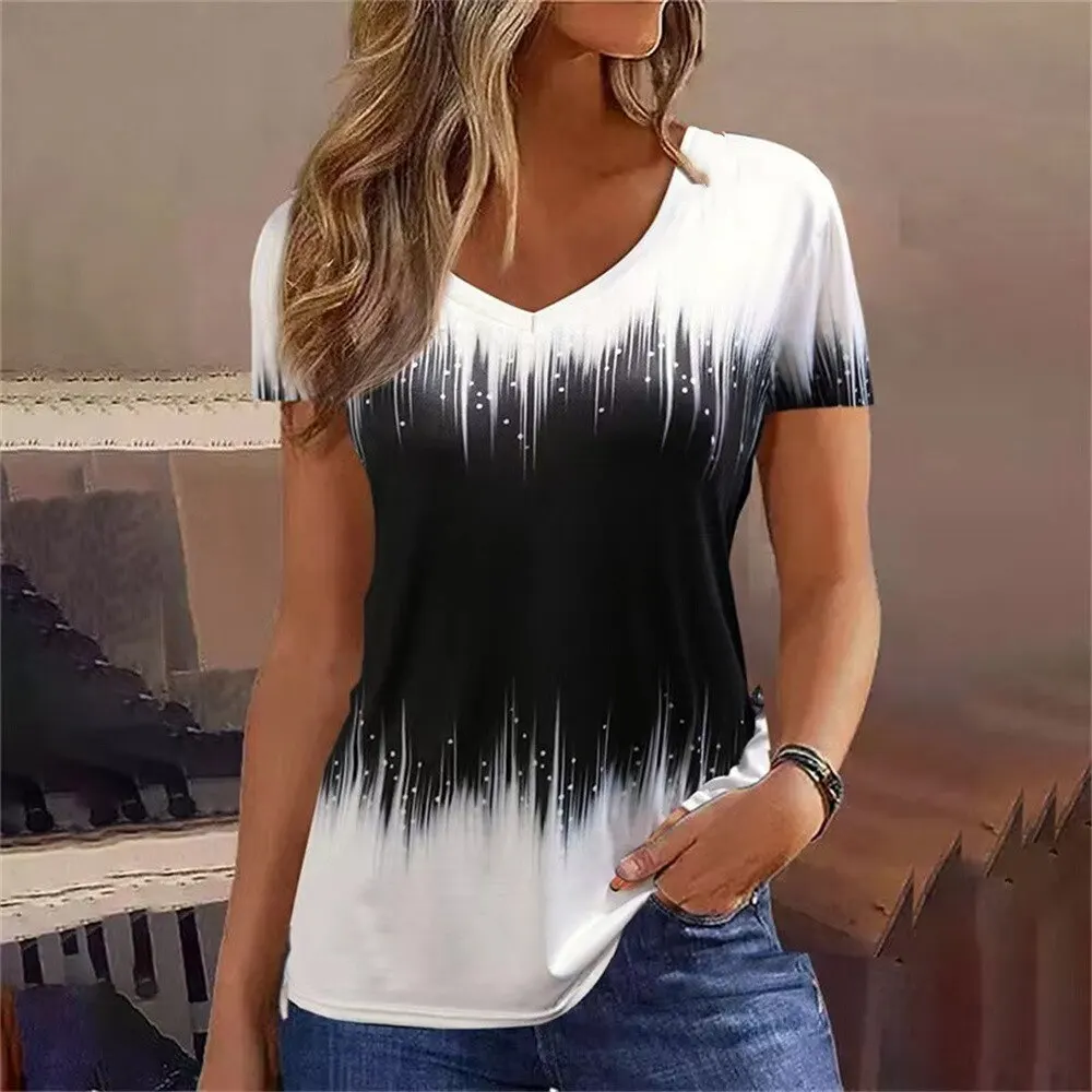 แฟชั่นผู้หญิง T เสื้อลายพิมพ์ Gradient V คอสั้นแขนเสื้อ Basic Tops Streetwear ฤดูร้อนขนาดใหญ่เสื้อผ้าหญิงเสื้อยืด