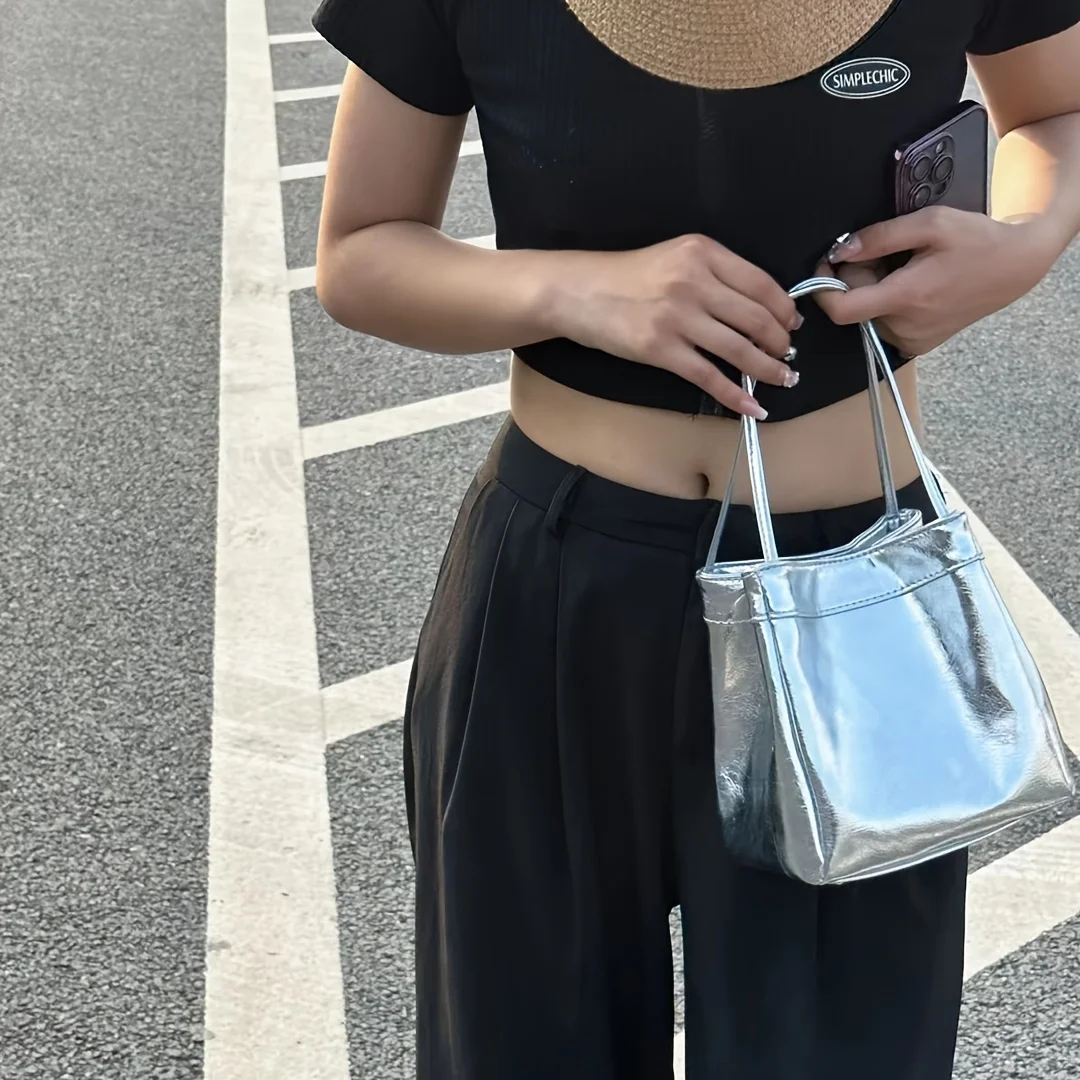 Błyszcząca srebrna mini torebka typu bucket na sznurek, błyszcząca torebka PU, damska torebka i portfel
