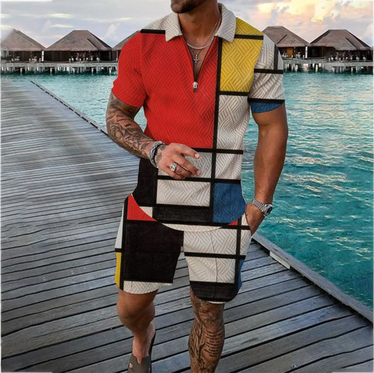 ฤดูร้อนผู้ชายกีฬาPatchworkรูปแบบแขนสั้นซิปเสื้อโปโลและกางเกงขาสั้นชุดลําลองผู้ชายStreetwear 2-PIE