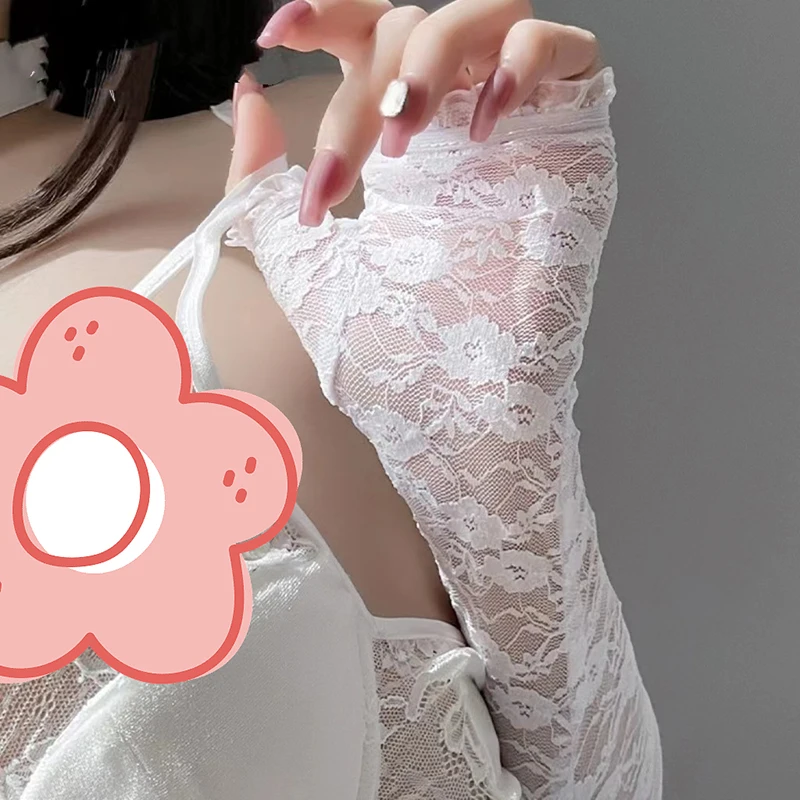 1คู่ยาวลูกไม้กลวงออกถุงมือครึ่งนิ้วดวงอาทิตย์แขนป้องกันลูกไม้บางขี่จักรยานถุงมือเซ็กซี่เปลือยนิ้ว