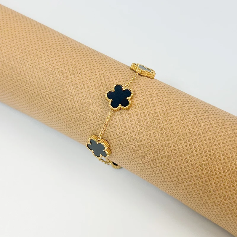 ปรับสร้อยข้อมือสแตนเลสสองด้านสร้อยข้อมือห้ากลีบดอกไม้ Gold Plated Clover ผู้หญิงแฟชั่นเครื่องประดับ