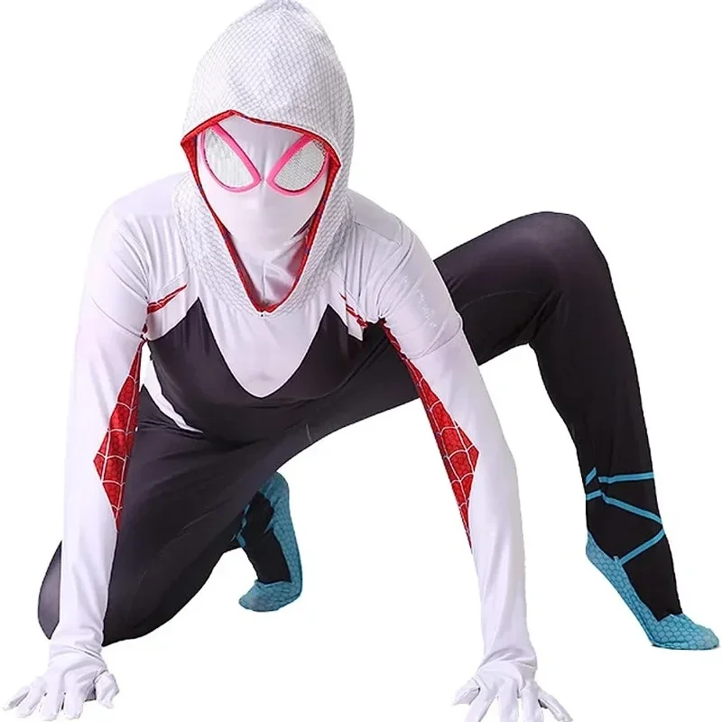 グウェン スパイド コスチューム 子供と大人用 ホワイト スパイダー ガール マスク 3D スタイル ハロウィン コスチューム コスプレ スーツ ボディ ジャンプスーツ