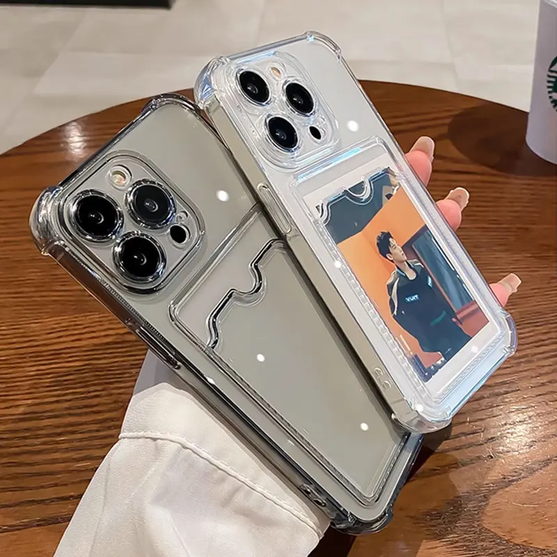 Custodia trasparente con slot per schede per iPhone 16 15 14 13 12 11 Pro X XR XS Max Mini Plus Portafoglio trasparente Cover morbida antiurto