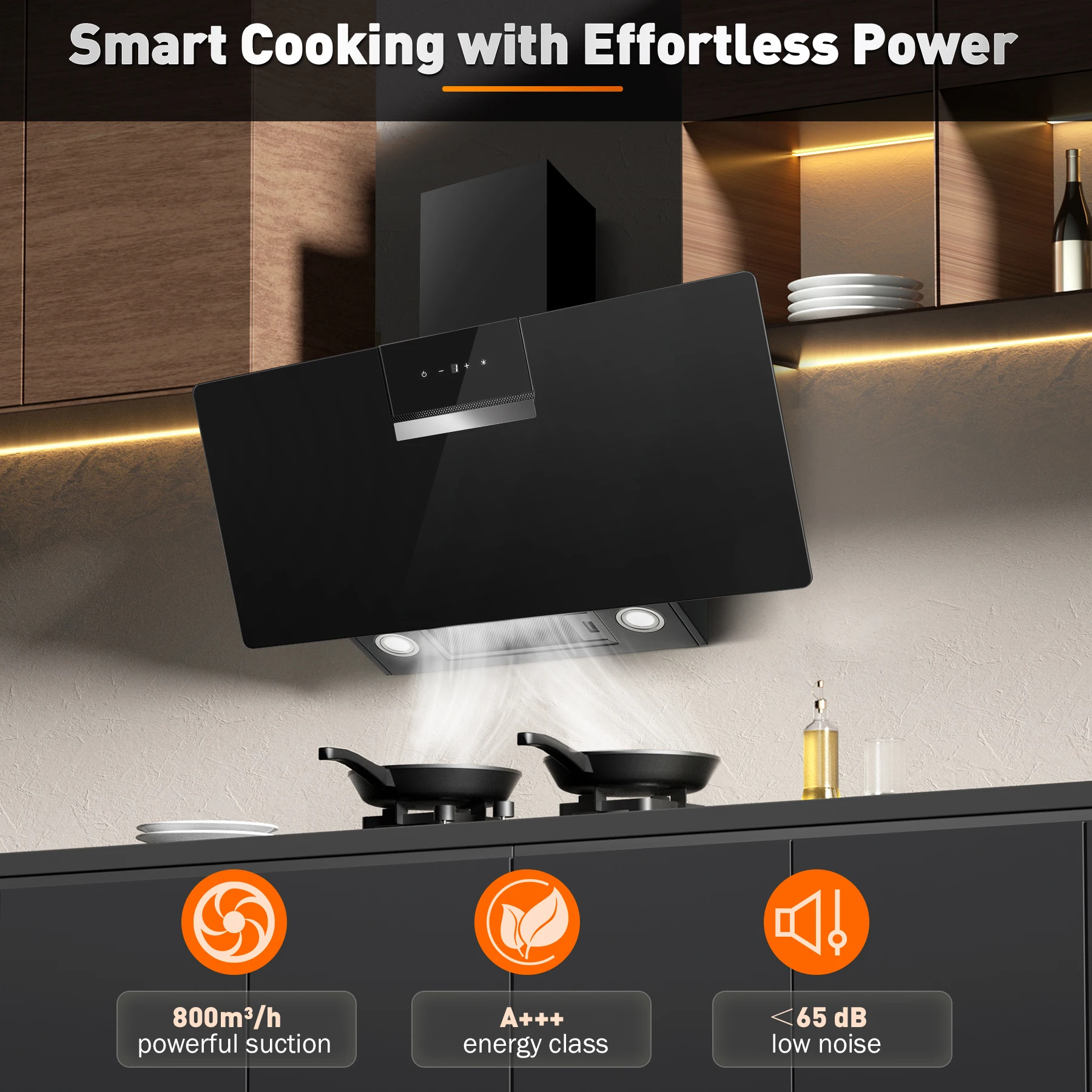 90 cm wandmontierte Dunstabzugshaube 800 m3/h A+++ LED-Touch-Steuerung, schwarzes Glas – Umlauf-/Abluftoption