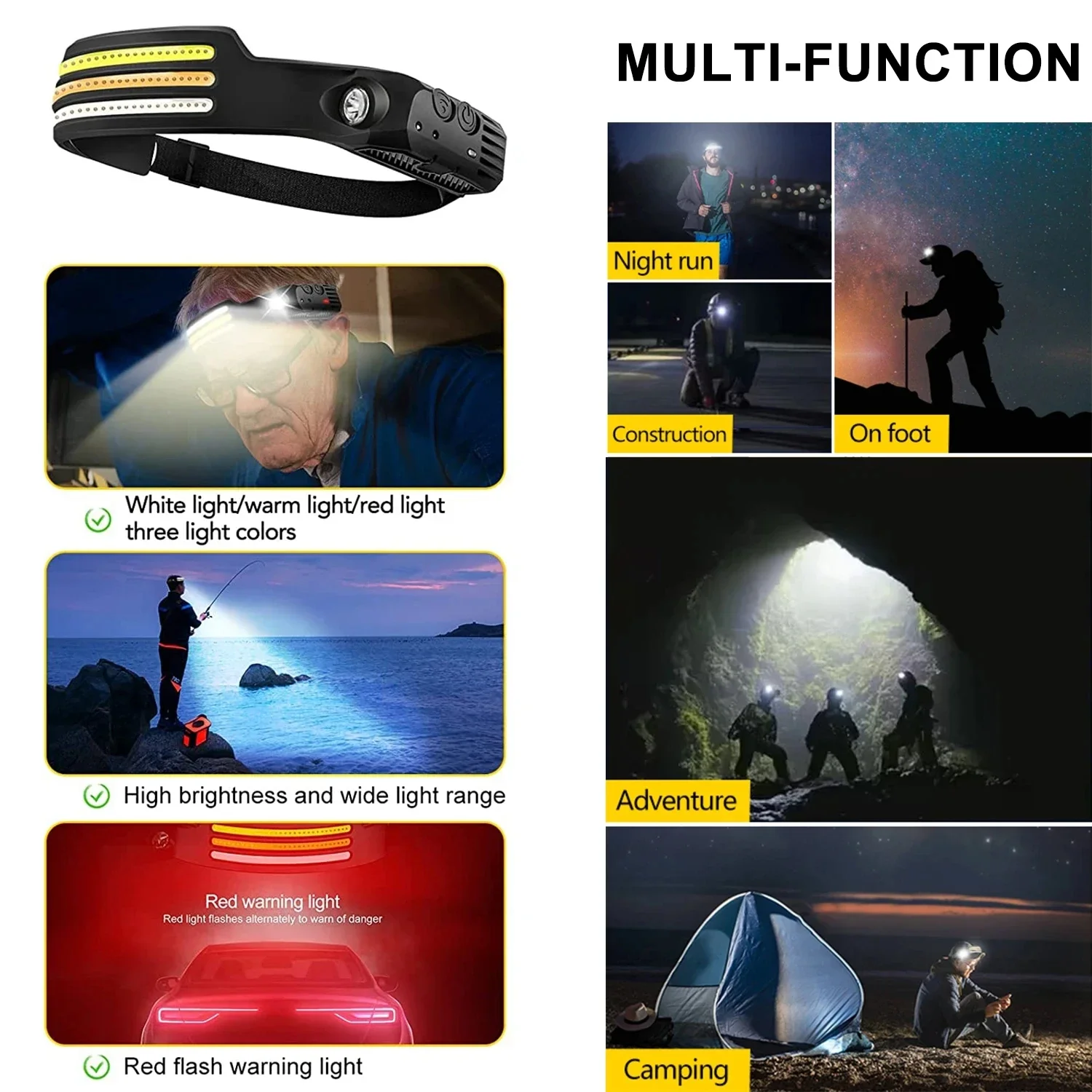 Linterna frontal COB + LED de inducción, linterna frontal recargable por USB con batería integrada, luces de trabajo portátiles para acampar, pescar y exteriores