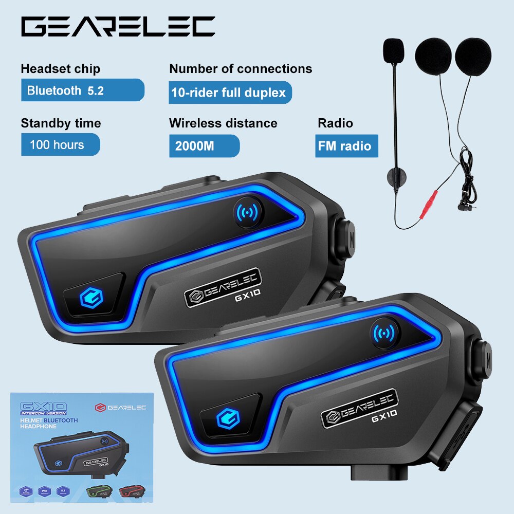 GEARELEC-Capacete de intercomunicador para motociclos, Auricular Bluetooth, 10 Riders, 2km, Comunicador MOTO, FM, Partilha de música, PK, B4FM-X, GX10