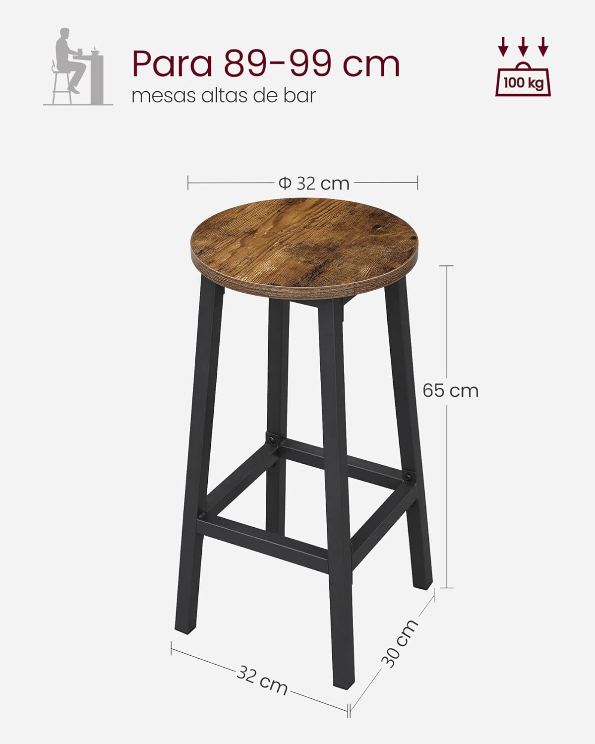 Taburete Bar, Juego 2, Sillas Bar, Sillas Cocina con Estructura Metal, FÁcil Montaje, con ReposapiÉs, para Cocina