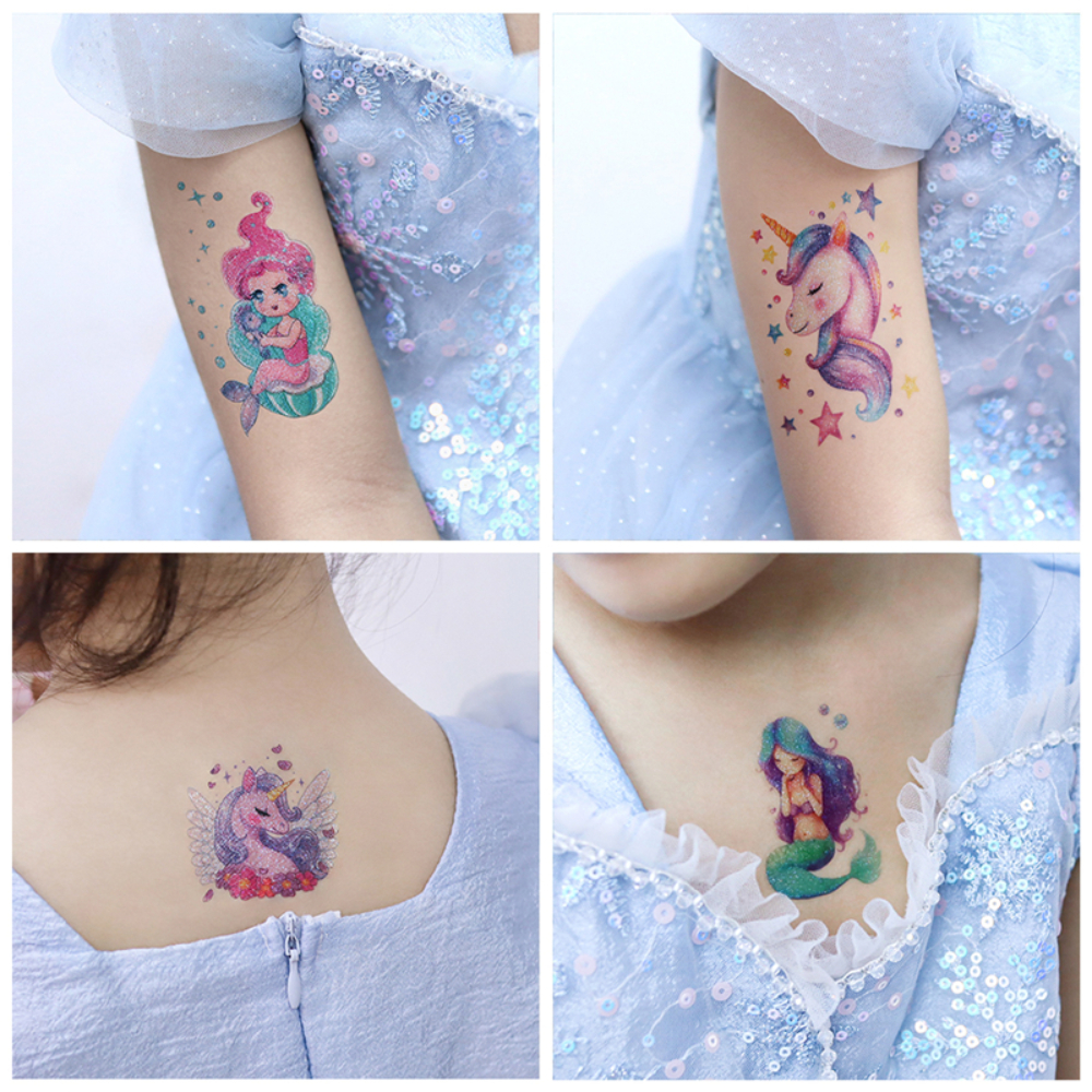 12 Uds. Tatuaje temporal resistente al agua de unicornio y sirena con purpurina, tatuaje Flash de arcoíris de dibujos animados para niños, tatuajes falsos de arte corporal para brazo