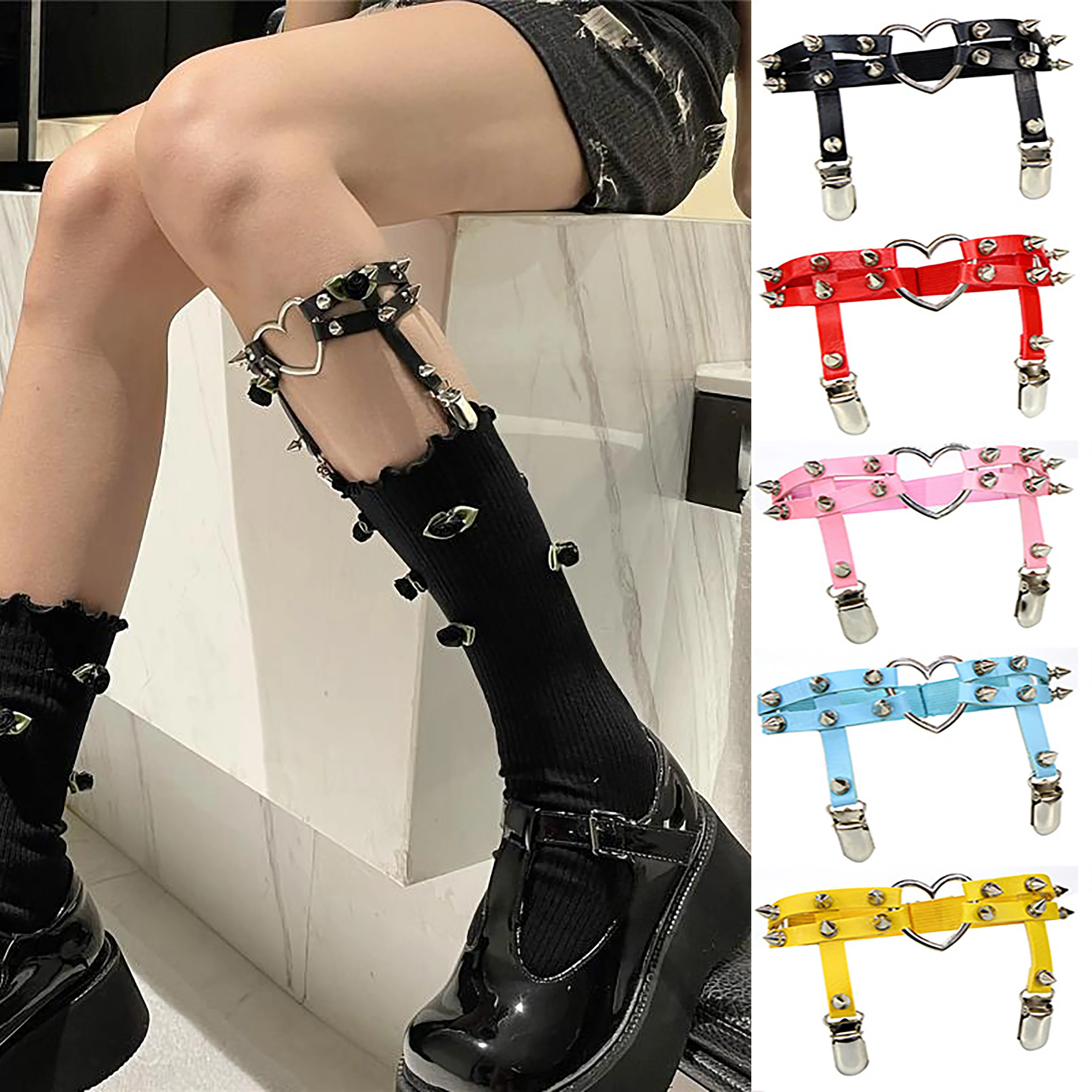 1 Máy Tính Sexy Quần Gen Nịt Bụng Đinh Tán Chân Vòng Đá Quán Rượu Punk Goth Trái Tim Da PU Thun Sọc Suspender Gợi Cảm vớ Cổ Garters