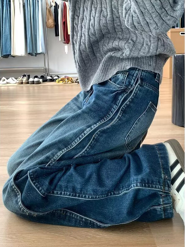 Calças Jeans Fenas Plus Size Retrô Americanas das de Perna Larga, Soltas e Retas, Efeito Emaecedor, Crimento Lon...
