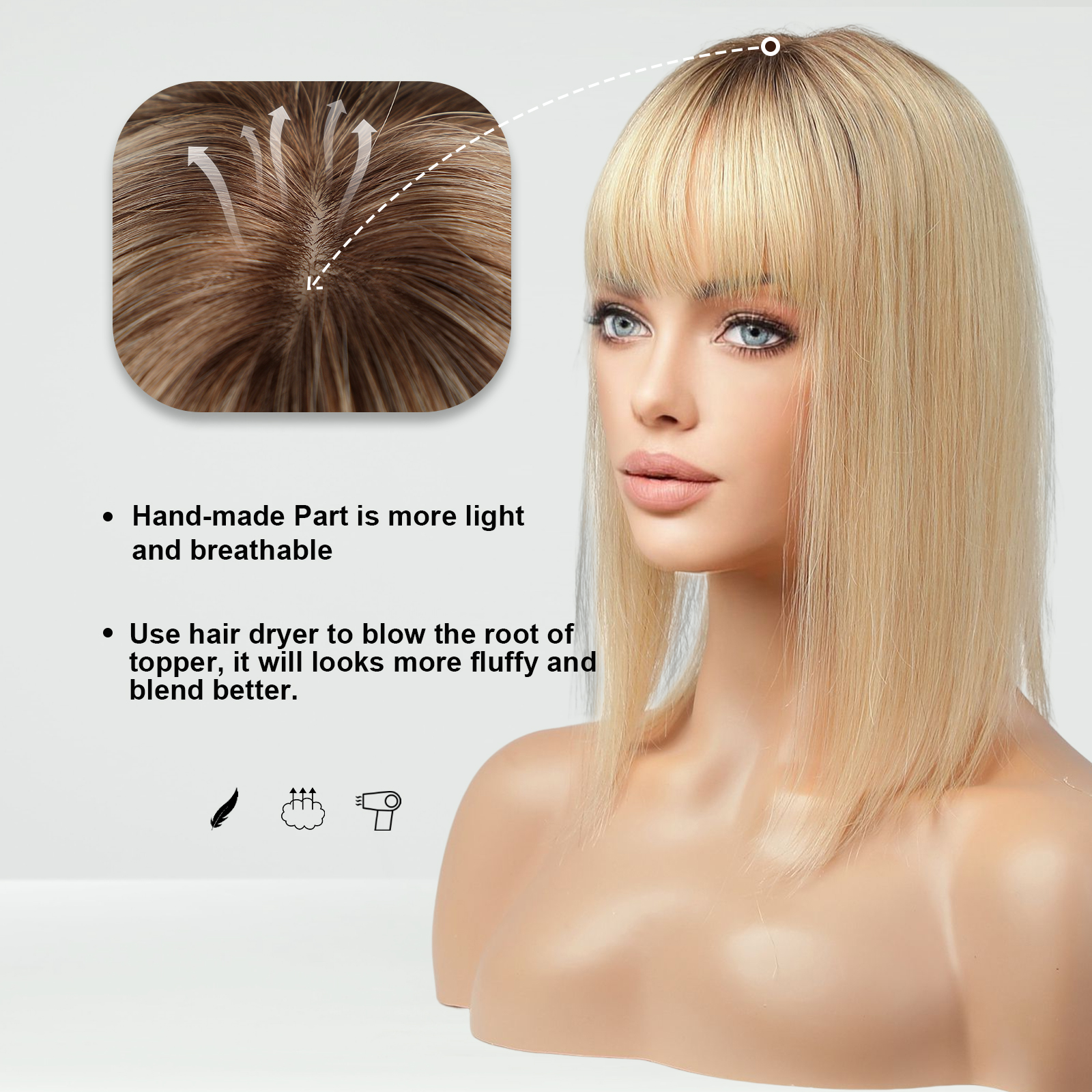 100 % Remy-Echthaar-Topper mit Pony, platinblond, Ombre-Echthaarteile für Frauen, dünnes Haar, Seidenbasis, Clip-in-Topper