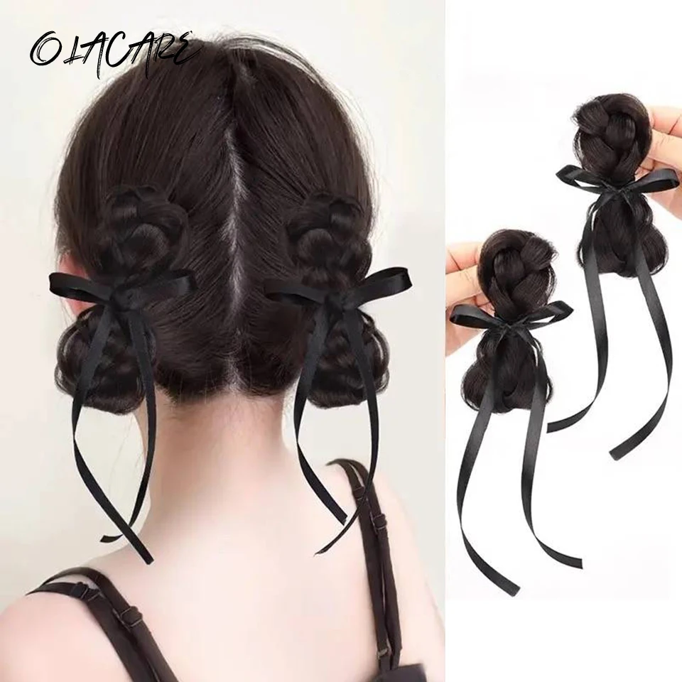 OLACARE, moño trenzado para niñas con banda de goma, anillo de pelo sintético marrón y negro, envoltura en moño desordenado, coletas de pelo liso