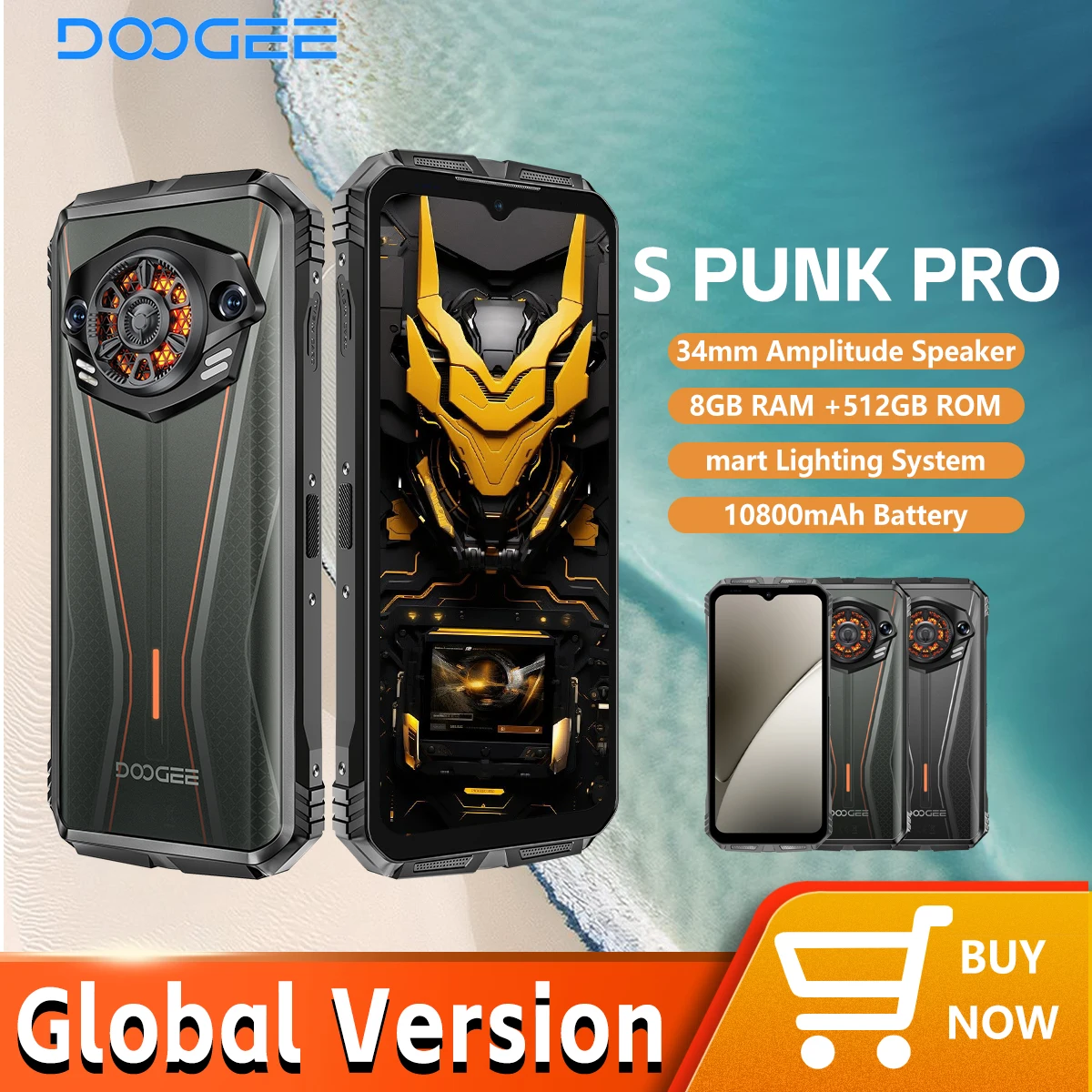Versão global doogee s punk pro telefone robusto led efeito de luz 8gb ram 512gb rom 6.6 ”fhd + 90hz 10800mah bateria android 14 nfc