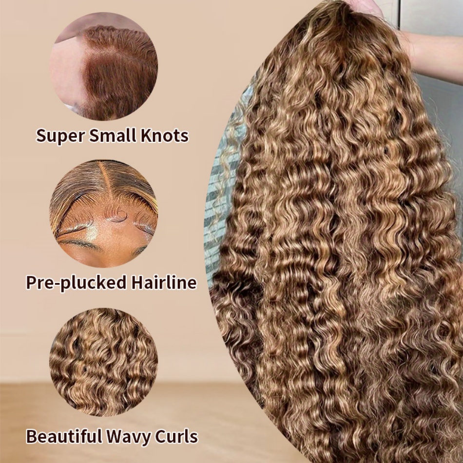 30 38 インチカーリーハイライトウィッグ人毛 100% ハニーブロンドルースディープウィッグ 13 × 4 1​​3 × 6 Hd レースウォーターウェーブフロントウィッグ女性のための