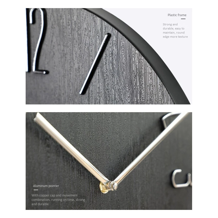 BABQ Simple Wall Clock 12 นิ้วห้องนั่งเล่นนาฬิกาแขวนบ้านนาฬิกานาฬิกาแฟชั่นนาฬิกาแขวนห้องนอน-สีดํา