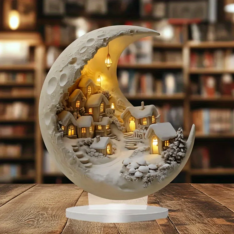 Árbol de Navidad, adorno de escritorio, casa de luna, decoración 2D DIY, placa acrílica de signos de Feliz Navidad, regalos de fiesta de Año Nuevo 2026