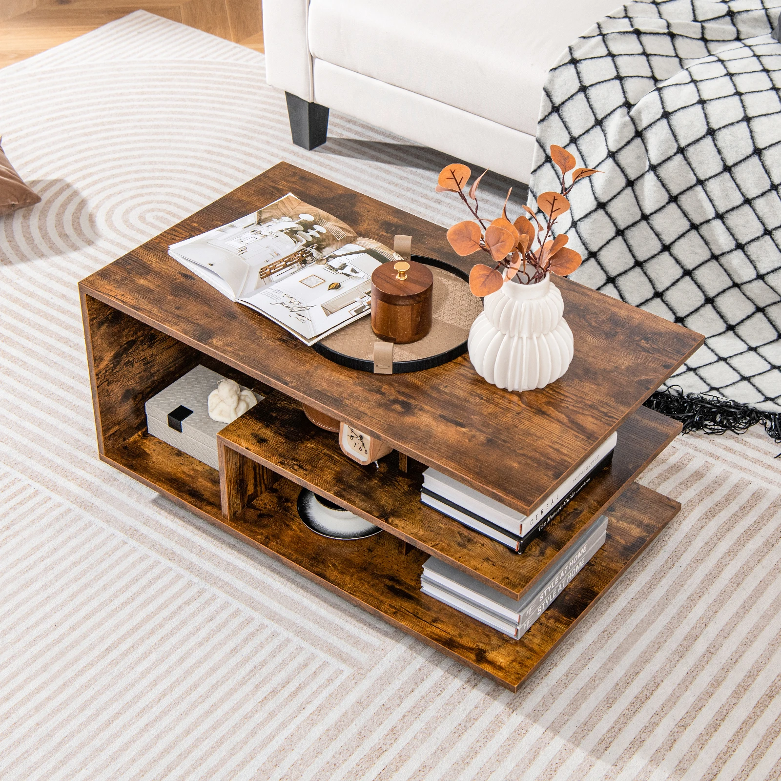 Mesa de Centro, Mesa de Salón con Almacenamiento en 3 Niveles, Mesa de Café Rectangular Moderna con Estante Medio en Forma de L, Mesa Geométrica Versátil para Sala de Estar