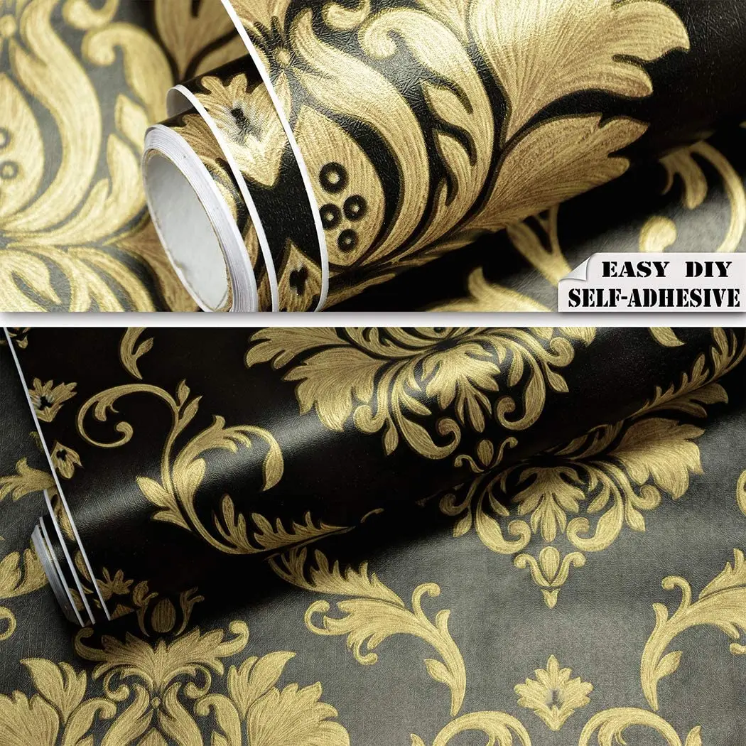Damask Peel และ Stick วอลล์เปเปอร์สีดําทอง Pre-Pasted กระดาษติดต่อแบบถอดได้ไวนิล Self-Adhesive สติกเกอร์เฟอร์นิเจอร์สําหรับ Home