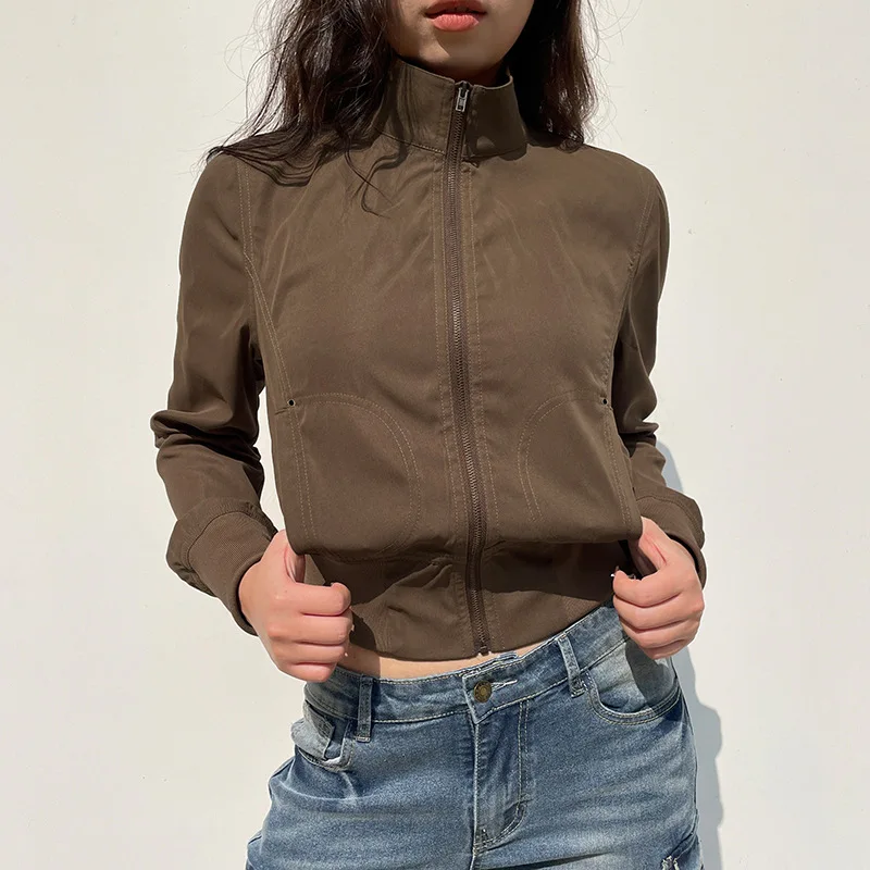 Jaquetas cortadas vintage para mulheres harajuku casual fino ajuste casaco com zíper y2k streetwear manga longa outerwear outono