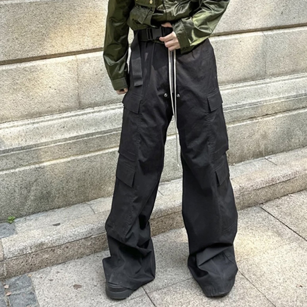 Pantalones Cargo negros con cordón de pierna ancha estilo Ro, monos informales holgados rectos Unisex, ropa de calle para hombre, pantalones holgados de gran tamaño