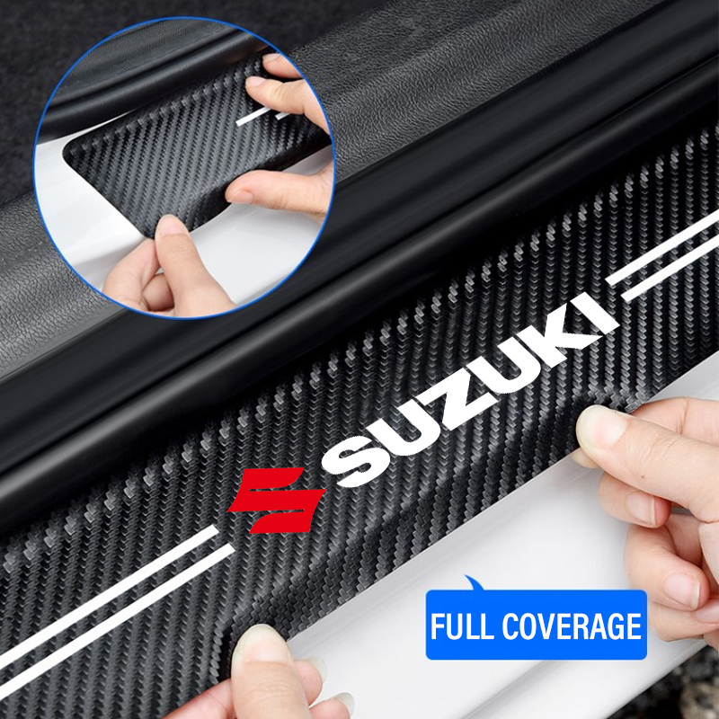 4pcs ประตูรถเกณฑ์คาร์บอนไฟเบอร์ Scuff แผ่นสติกเกอร์สําหรับ Suzuki Swift Grand Vitara Baleno Jimny SX4 รถอุปกรณ์เสริมภายใน