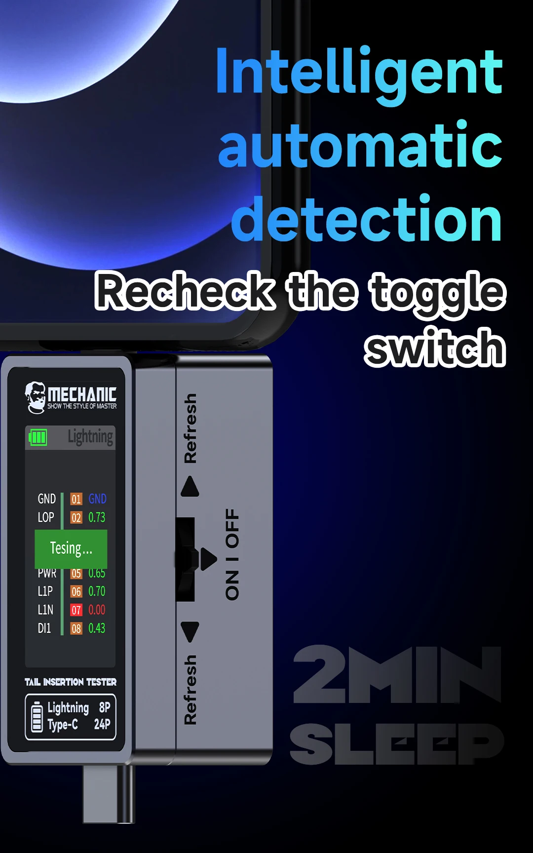 Detección automática inteligente mecánica de probador de enchufe trasero, detección de precisión digital LCD para interfaz Lightning/tipo C