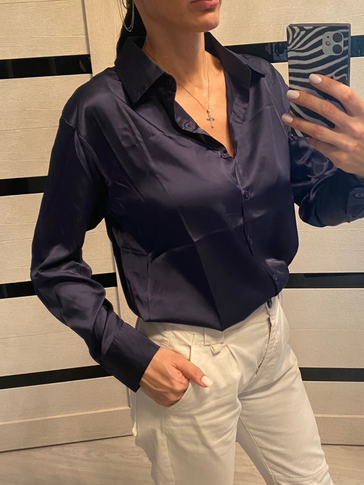 Camisa solta de cetim feminina, gola virada para baixo, blusa feminina, vintage, casual, tops de seda, elegante, primavera, outono