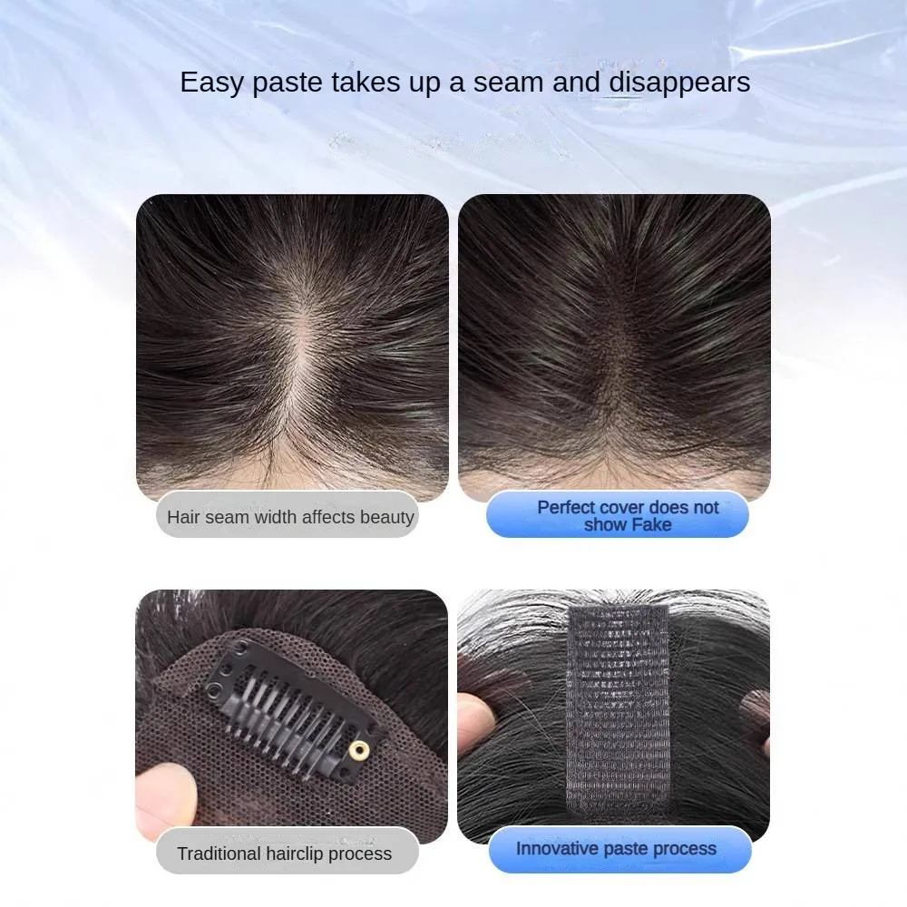 No Need Clip Echthaar-Fransen, verbesserte magische Paste, Haar-Topper, Pony für Frauen, flauschige Haarabdeckung, spärliche Haarnähte, Patches