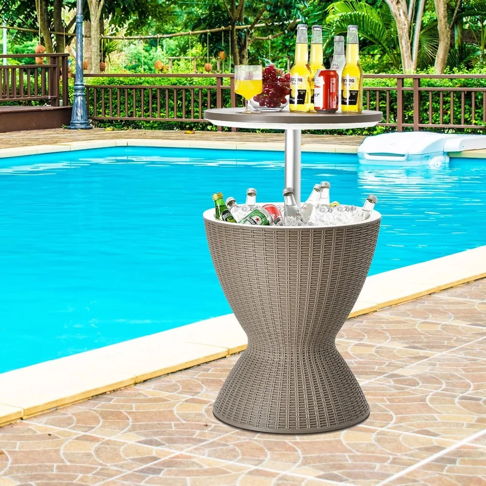 Outdoor Cool Bar Table, 8 Gallon Beer and Wine Cooler, Height Adjustable Rattan Style Cocktail Patio Bar Tables, 3-in-Ice