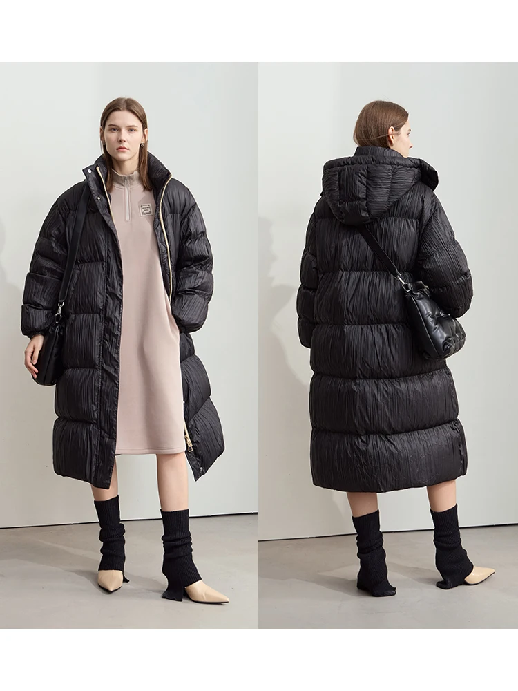 AMII Minimalist Women's Graphene Lining Down Jacket 2024 Winter New Detachable Cap Pleated Texture Female Commuter Coat 12444071