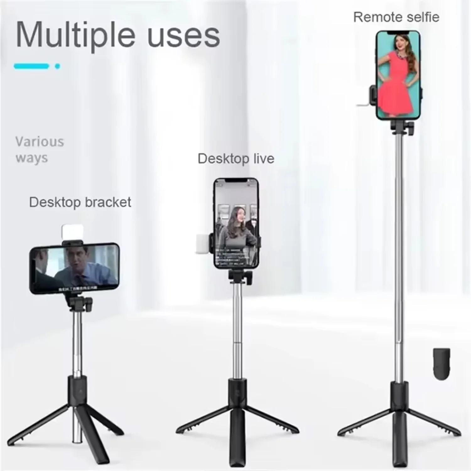 Trépied perche à Selfie pour téléphone portable, télécommande Bluetooth sans fil, support pour téléphone avec lumière de remplissage de beauté, beauté douce