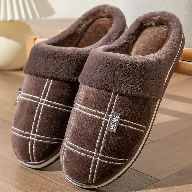 Homens casa chinelos xadrez espuma de memória inverno pelúcia masculino sapatos internos quentes macios antiderrapantes chinelos preto tamanho grande 50-51 moda