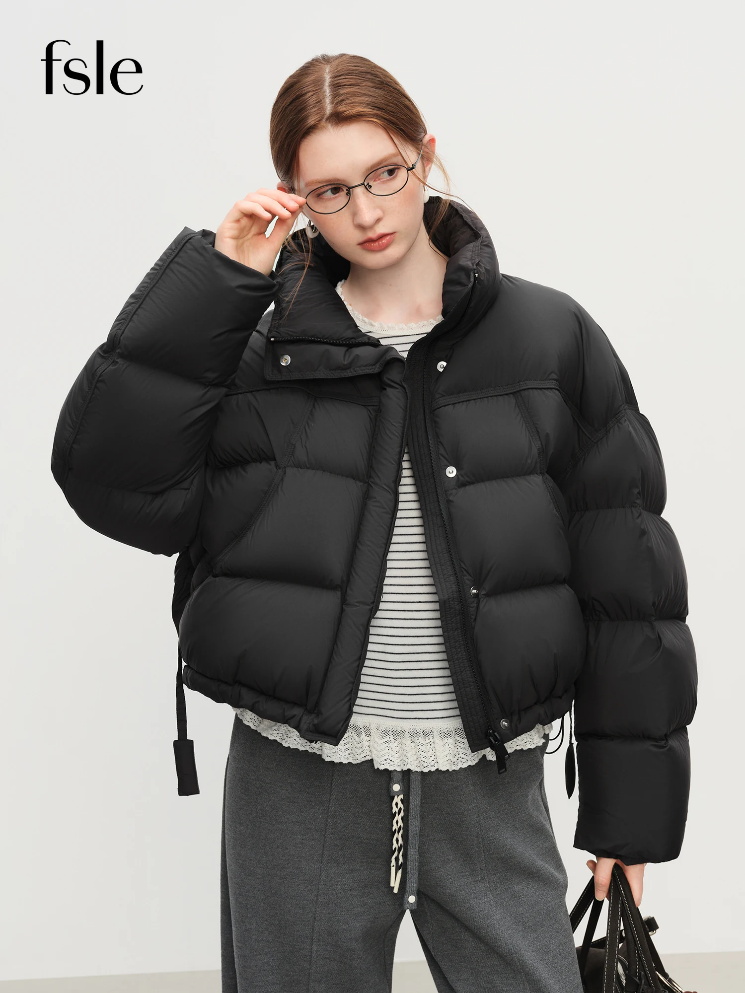 Fsle inverno 2025 casaco feminino tipo nuvem, gola curta, jaqueta preguiçosa, estilo chique, acabamento brilhante para conforto casual