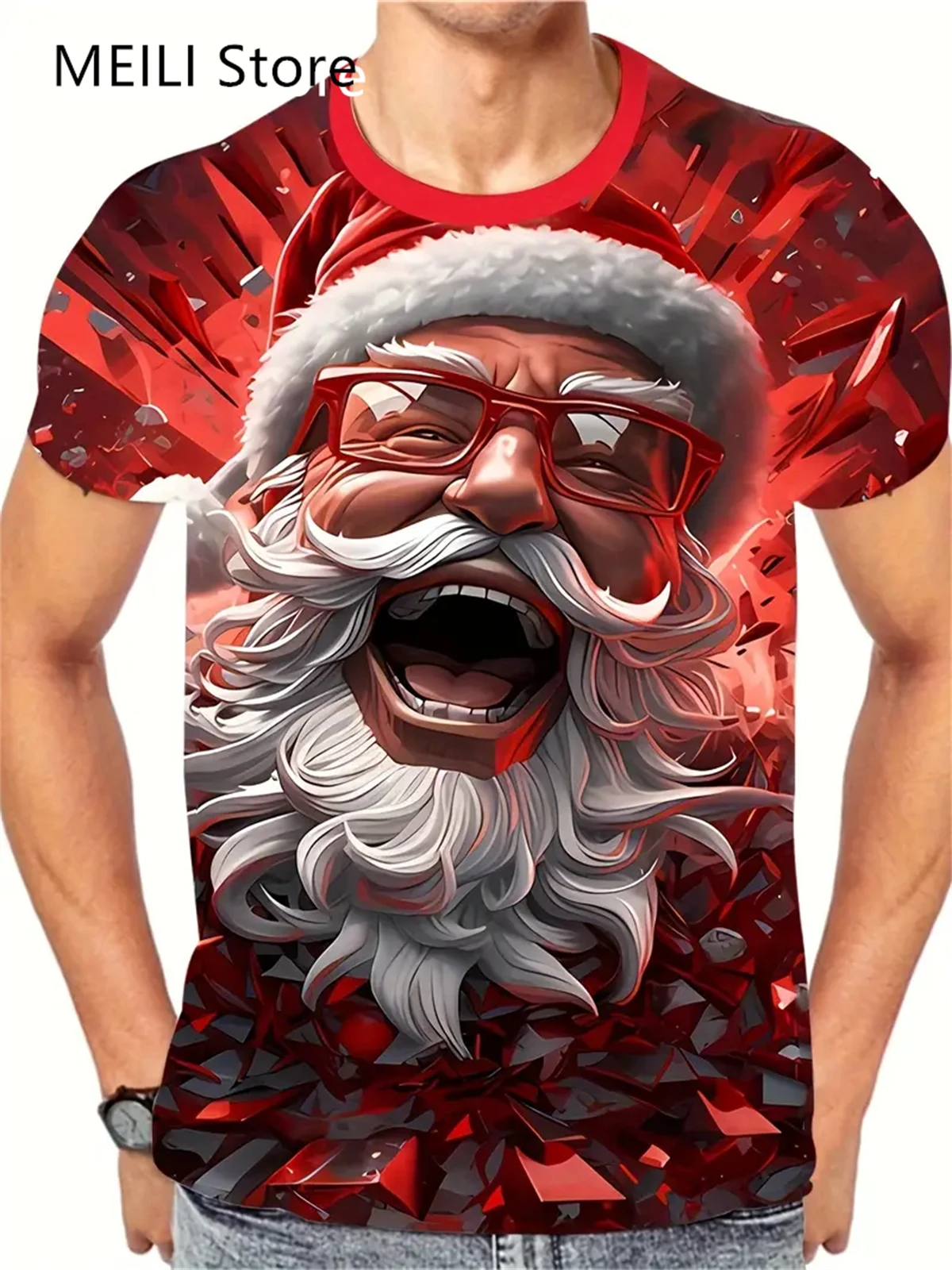 クリスマス 3D サンタクロースプリント Tシャツ男性カジュアル半袖 Tシャツファッション O ネックトップ新年ギフト特大 Tシャツ