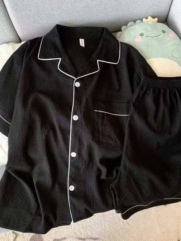 Pijamas de Aodão Leve com Manga Curta para Homens, Roupas de Verão para Casa, Tecido Fino, Calças Curtas Pretas, Estilo Sim...