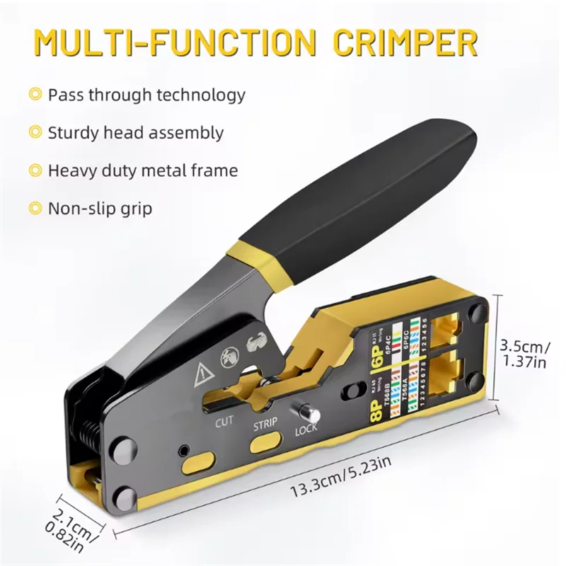 Straight RJ45 Crimping Tool Kit, Integrated Ethernet Crimper Cat7 Cat6 Cat5 Crimping Tool Ratchet Modular Data Cable Crimper