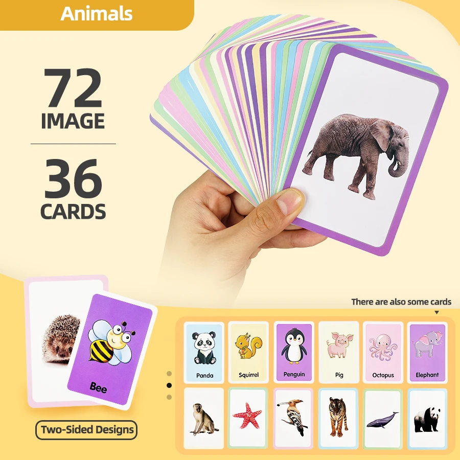 36 tarjetas cognitivas de animales de doble cara, aprendizaje de imágenes de iluminación para niños, tarjetas de enseñanza divertidas de papel