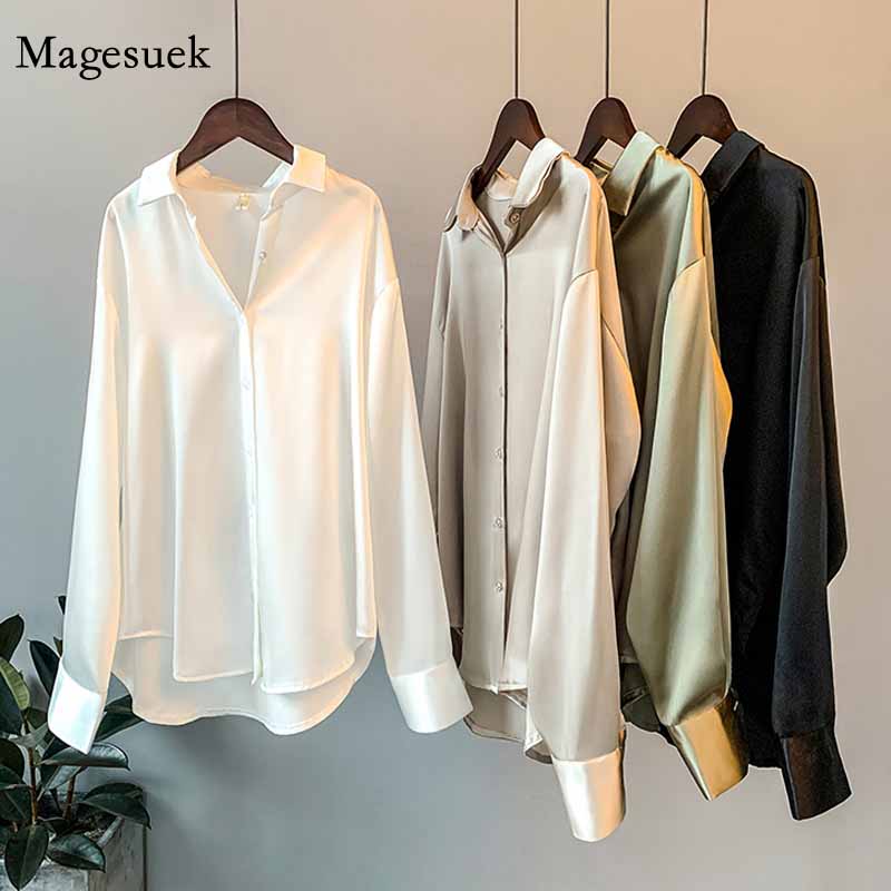 Lente Mode Button Up Satijn Zijden Shirt Vintage Blouse Vrouwen Wit Tops Dame Lange Mouwen Vrouwelijke Losse Straat Shirts 11355
